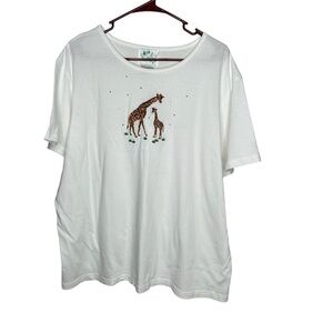 Quaker Factory Womens Giraffe Embroidered S/S Blouse Size 1X White